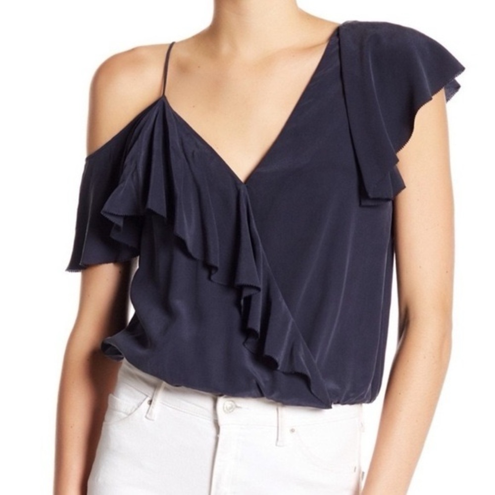 Joie Navy Asymmetrical Ruffle Blouse